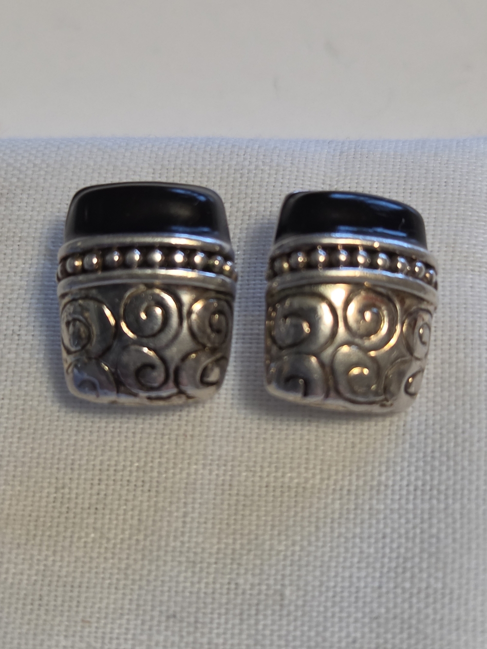Napier Black Top Silver-Tone Scrollwork Rectangle Post Earrings